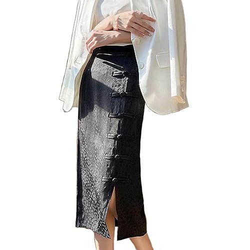 Jupe jacquard rétro noire pour femme coupe droite mi-longue style cheongsam