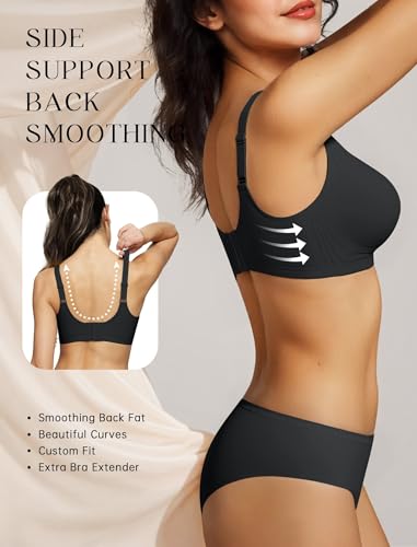 LetsJoli Wireless Seamless Bras for Women No Underwire Push Up Scalloped V Neck Full Coverage Support Bralettes Everyday Bras Black - Image 4