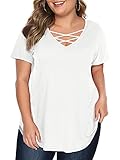 Amoretu Women Plus Size Short Sleeve Summer Tops V-Neck Lace up Shirt(White,3XL)