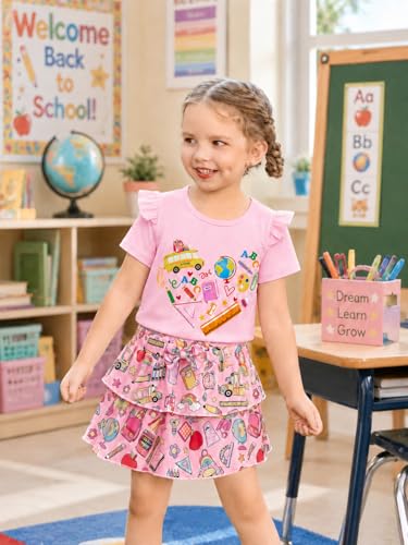 Image of Akyzic Little Girl Skirt Outfit Two Piece Spring Summer Outfit Butterfly Dress Cat Print Skirt Toddler Girl Outfit Set