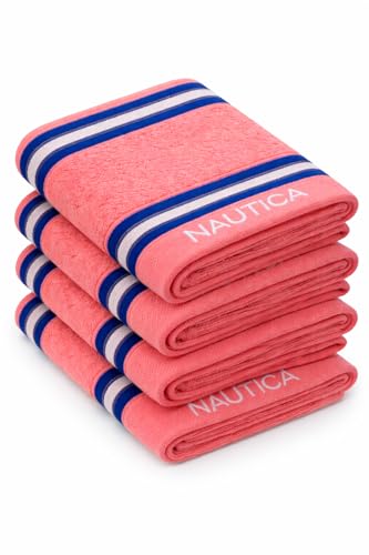 Image of NAUTICA Super Soft Zero Twist 100% Cotton Towel -4pc Face Towel (Vintage Crew Stripe) solid-coral-500 GSM