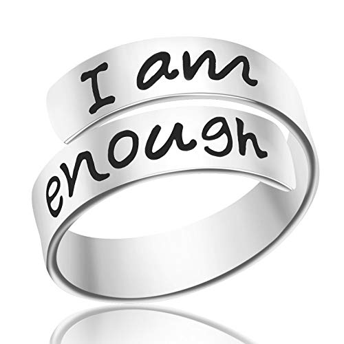 I am enough Inspirational Silver Rings for Women Adjustable Engraved Encouragement Statement Rhodium Plating Jewelry Gift for Friends