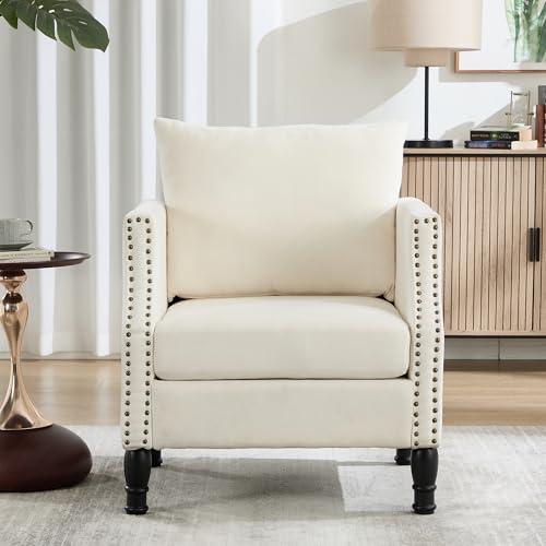 Image of ABET Linen Accent Chairs Set of 2, Mid-Century Modern Reading Armchair with Removable Lumbar Pillow, Upholstered Side Sofa Chair for Living Room Bedroom, Beige