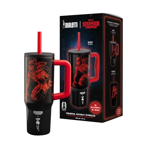 Ya en mundofriki.es: Bialetti Vaso térmico con asa Stranger Things, 900 ml – tapa con pajita, brilla en la oscuridad, mantiene la temperatura, no apto para lavavajillas