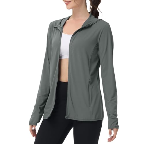 chaqueta deporte mujer Womens Running Jacket with Hood UPF 50+ Sun Protection Lightweight Quick Dry Zip Up Sports Top Gym Athletic Long Sleeve Shirt Green XL