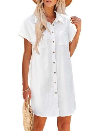 Zeagoo Button Up Dress for Women 2025 Summer Cotton Casual Linen T Shirt Dresses Short Sleeve V-Neck Mini Plus Size Tunic Beach Sundress White XL