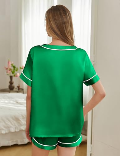 Image of Silk Pajamas for Women Short Sleeve Satin 2 Piece Pj Set Soft V Neck Sleepwear Loungewear, S-XXL