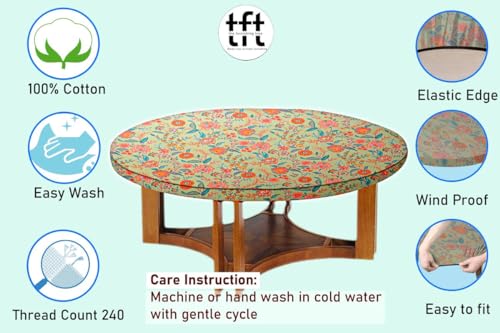 Image of The Furnishing Tree Elastic Cotton Round Center Table Cover 28 in Inches Floral Multicolor on Green Base