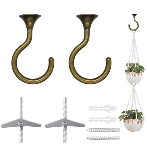 Image of Screw-in Ceiling Hooks for Hanging Plants 2 Pack (Antique Brass) | Holds 30 lbs on wood & concrete, 20 lbs on drywall; heavy duty 2.4 inch swag hook for chandeliers, lanterns & porch decor