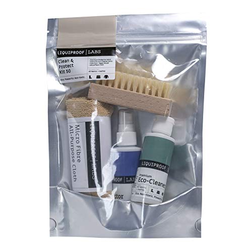 Liquiproof LABS Clean and Protect Kit. Premium Protector 50ml, Eco Cleaner 50ml, Vegetable Fibre Brush and a Microfibre Cloth. Shoe care kit for protecting and cleaning footwear and fashion items.