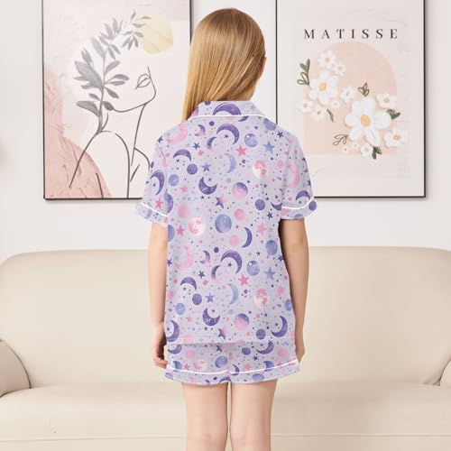 Bright Purple Moon Summer Satin Pajama Set, Cute Button-Down Sleepwear Pj Set for Sleep Wears4