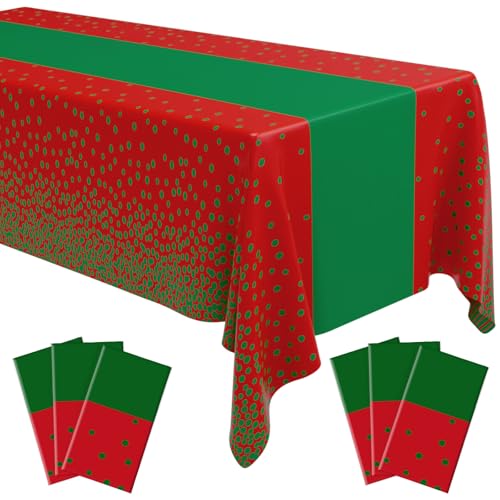 Image of Oudain 6 Pcs Red and Green Tablecloth for Parties Plastic Dot Tablecloths Printed Table Runner Waterproof Disposable Rectangle Table Cover for Christmas Birthday Wedding Party, 54 inch x 108 inch