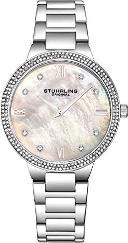 Stuhrling Original Womens Watch - Pave Crystal Bezel - Mother of Pearl Dial with Crystal Accents, 3907 Watches for Women Collection (Silver)