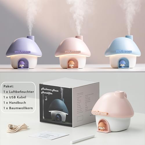 Justup Luftbefeuchter, 300ml Süße Pilz Haus Befeuchter USB Mini Luftbefeuchter mit 7 Farben Licht, Automatische Abschaltung und Leise für Büro,Schlafzimmer,Auto,Desktop (Rosa)