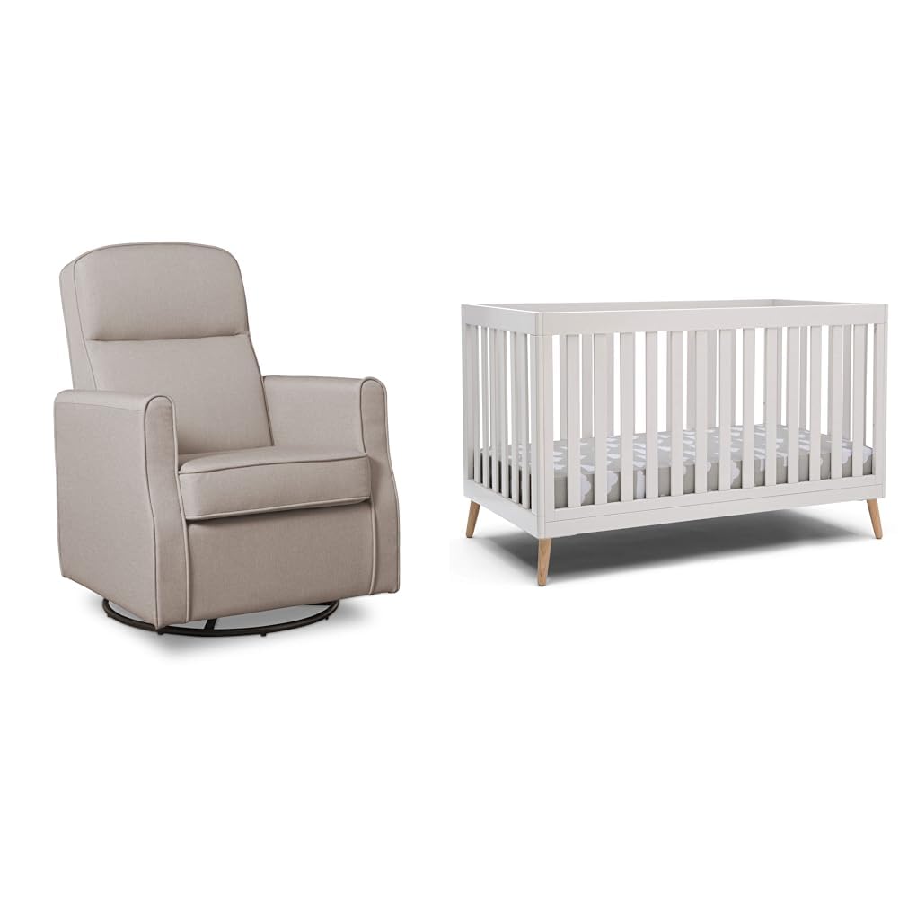 Delta Children Blair Slim Nursery Glider Swivel Rocker Chair, Essex 4-in-1 Convertible Crib, Bianca White