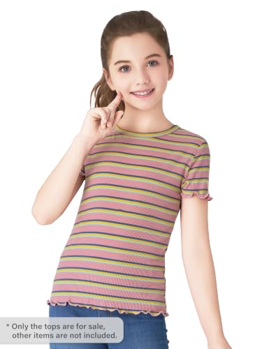 Image of Girls Striped T-Shirt Lettuce Trim Short Sleeve Top Size 6-16 | Soft stretch ribbed knit fabric, breathable blouse,summer outfit for big girls & teen, for school, party and daily activity