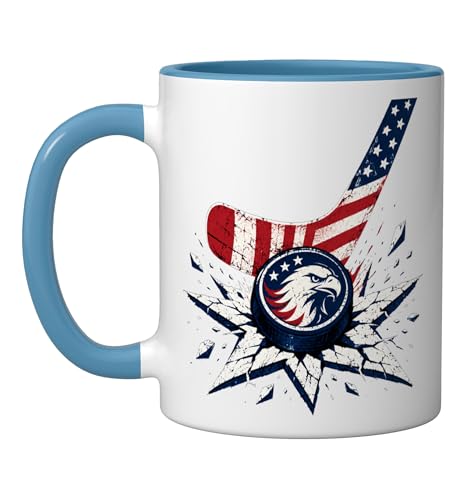 4th of July Ice Hockey Stick Puck US Flag Men Boys Kids Ceramic Mug, Blue/White