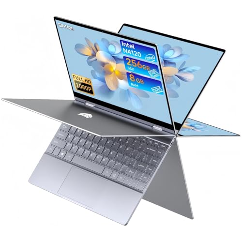 BMAX Ordenador portátil 2 en 1 con pantalla táctil, 13,3' convertible 360° Notebook IPS FHD Celeron N4120 8 GB RAM 256 GB SSD (1TB expansión) Win-11 Laptop con teclado retroiluminado BT5.0 Typc-Cx2