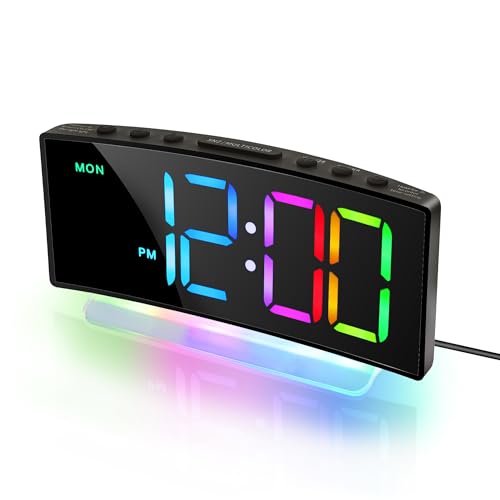 Lafocuse Reloj Despertador Digital con 8 RGB Colores Pantalla LED & 7 Colores Luz Nocturna, Despertador Inteligente con Diseño Curvado, 2 Alarma, Brillo Volumen Ajustable, Snooze para Infantil, Negro