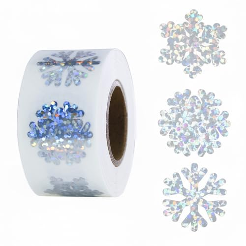 Holographic Snowflake Winter Stickers Roll 500 Pcs Waterproof Self Adhesive PET Seal Labels for Envelopes Journals Windows Scrapbooks Gift Packaging Party Favors 3 Designs Silver