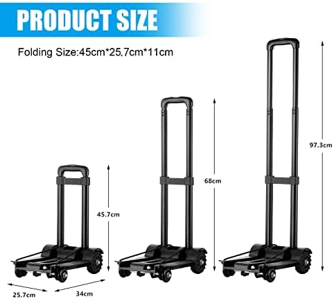 Hanstore Folding Hand Truck, 40KG/88LBS Capacity, Heavy Duty Wear-resistant PP Tank Wheels and Adjustable Iron Drawbar, Lightweight Trolley Cart with Binding Belt Luggage Travel, Black,HGH084