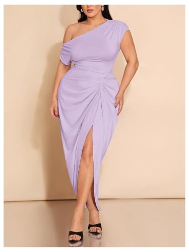 Image of Floerns Women's Plus Size Asymmetrical Neck Long Dress Ruched Slit Hem Cocktail Dress