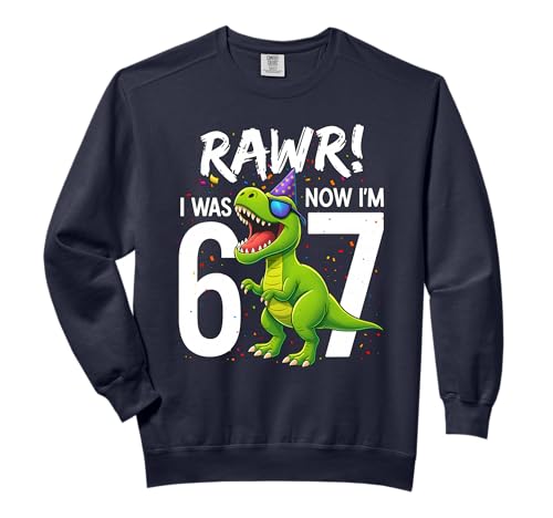 I was 6 Now I’m 7 Years Old 7th Birthday 6-7 T Rex Dinosaur Comfort Colors Adult Sweatshirt