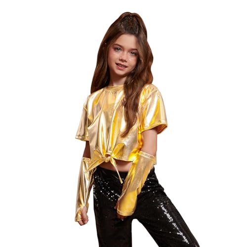 Metallic Girls Top Tie Knot Sparkly Tops with Arm Sleeves Crop Top Tees for Gold Dance Costumes Size 8 9