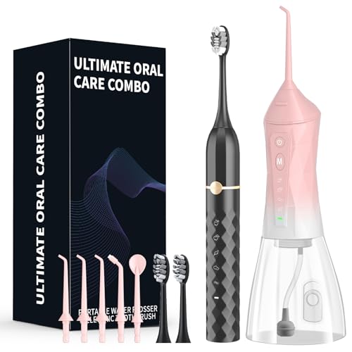 Water flosser+Electric Toothbrush Combination Set -5-Speed Sonic Electric Toothbrush, 4-Speed Portable Water flosser, Super Waterproof, a Great Gift for Friends (Pink)