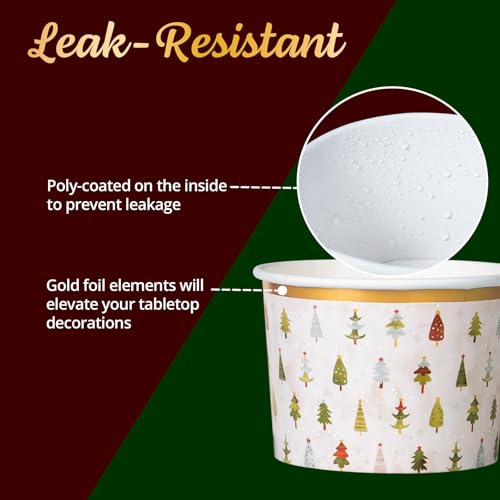Image of Confettiville Paper Ice Cream Cups, 50-Count 9-Oz Disposable Dessert Bowls for Hot or Cold Food, 9-Ounce Christmas Party Supplies Treat Cups, Handdrawn Christmas Trees, Gold Foil