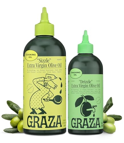 Image of Graza Extra Virgin Olive Oil Variety Pack, Sizzle & Drizzle - High Polyphenol Peak Harvest EVOO Cooking & Finishing Oil in a Squeeze Bottle - Single Farm Olives from Spain
