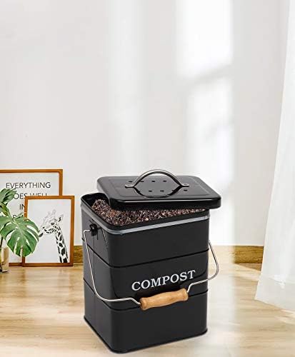 Xbopetda Stainless Steel Compost Bin for Kitchen Countertop,1 Gallon, includes Charcoal Filter,Compost Bucket Kitchen Pail Compost with Lid Easy Clean-Black