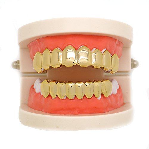 image for LuReen 8 Teeth Grillz 14k Gold Top and Bottom Grills Set Shiny Hip Hop