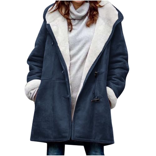 Image of JSLOOO Womens Casual Fleece Lined Jackets Sherpa Horn Button Hooded Warm Jacket Plus Size Faux Suede Pea Coat with Pockets