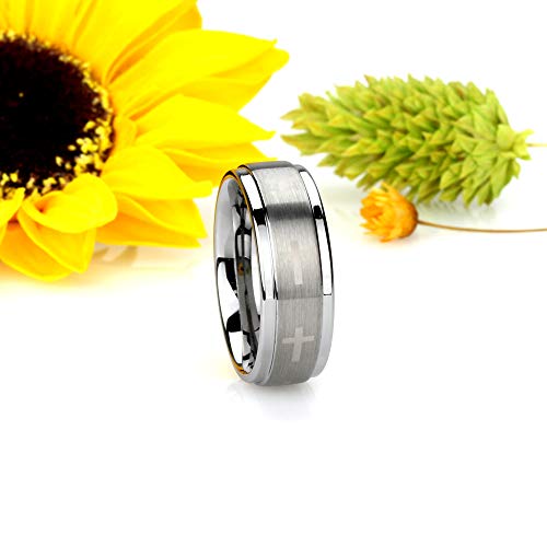 Double Accent 9Mm Comfort Fit Tungsten Carbide Wedding Band Laser Engraved Cross Brushed Center Tungsten Ring (5 To 15), 10 #TOP1