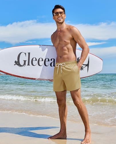 Image of Gleeease 5inch Mens Swim Trunks: 2 in 1 with Compression Liner Lined Soft Stretch Quick Dry Solid Pockets Drawstring Beach