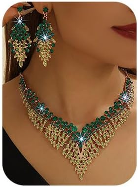 Missgrace Retro Large Green Rhinestones Crystal Bridal Wedding Jewelry Sets Crystal Choker Necklace Earrings Set Prom Formal Bar Party Teardrop Dangle Dainty Necklace Earrings for Women