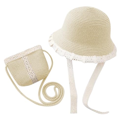 Girls Kids Summer Flower Straw Hat Bag Set Wide Brim Floppy Beach Sun Cap with Shoulder Bag Tea Party Birthday Gift