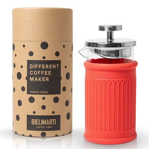 BIELIMARTI Cafetera de Prensa Francesa, 350 ml, Vidrio Borosilicato, Funda de Silicona Térmica,french press,cafetera de embolo (rojo)