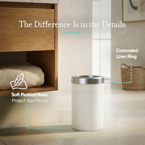 Image of Gatco Small Bathroom Trash Can with Lid, Round 3 Gallon Wastebasket, Under Sink, White Oak with Satin Nickel, for Bathroom, Bedroom, Office (1932SN)