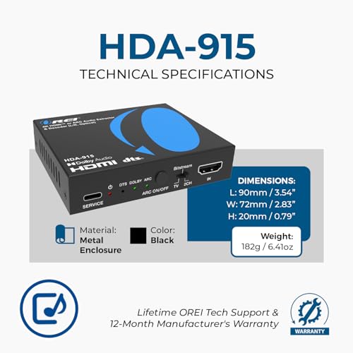 Image of OREI 4K@60Hz HDMI Audio Extractor & Decoder with ARC, HDCP 2.2, HDR (Dolby Vision / HDR10+ / HLG), 18Gbps, Optical SPDIF & Analog L /R Audio Out, Downmix, CEC Pass-Through (HDA-915)