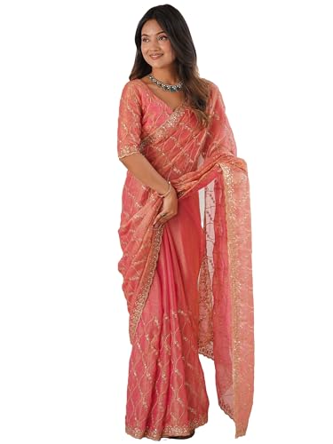 Image of AKHILAM Women's Shimmer Chiffon Heavy Sequence Embroidery Work Saree With Unstitched Blouse Piece (VT798A VM Parent)