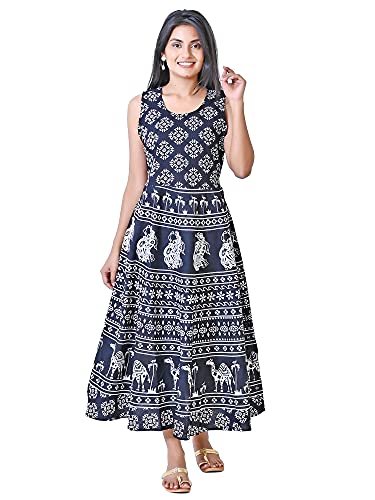 Image of Women's Cotton Printed Traditional Long Midi Maxi Kurti /One Piece Dress (Black Camel, Free Size)