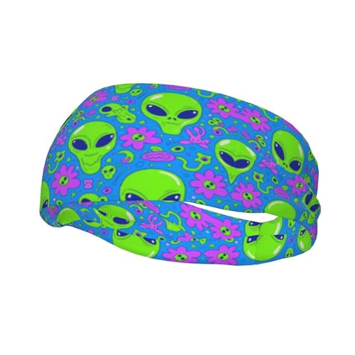 Boys Girls Sports Sweat Band, Boho Style Elastic Head Ribbon for Running Fitness Spa, Beauty Skinny Aliens Faces Alien 90S Style Art Headwear Hand Decor