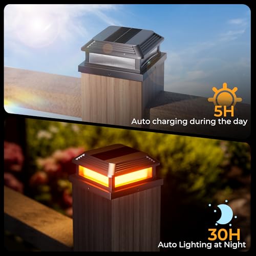 Quntis Zestaw 4 lamp solarnych na słupki ogrodzeniowe, lampy ogrodowe typu Flame z 5 trybami świecenia, lampy solarne na słupki o wymiarach – taras, patio, do ogrodu, podwórko, werandę i ścieżki