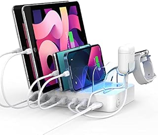 SooPii 6-Port 50W USB Charging Station Organizer for Multiple Devices, 6 Short Charging Cables and One Upgraded i-Watch Charger Holder Included, for Phones, Tablets, and Other Electronics, White