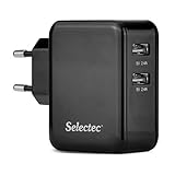 Leicht Transportabel SELECTEC 2-Port USB Ladegerät mit SmartID-Technologie für iPhone, iPad, Samsung Galaxy, Nexus, HTC, Motorola, LG und weitere (Schwarz)