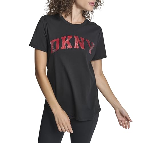 Image of DKNY Women's Varsity Logo Cotton Short Sleeve T-Shirt, Black/City Crimson, Small