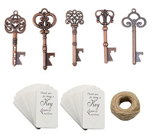 50Pcs Copper Skeleton Key Beer Bottle Opener With 100 Pcs Thank You Card And 98 Feet Hemp Rope For Wedding Party Favors (Copper-White Cards) #TOP5