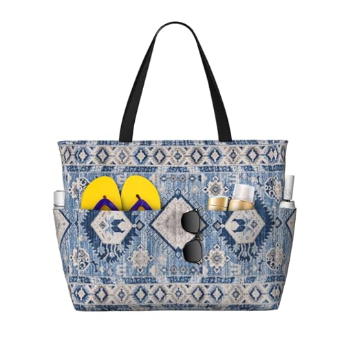 Oriental Antique Blue Kilim Rug Beach Bag Women Tote Bag Pool Bag With Zipper For Gym Grocery Travel With Wet Pocket, Black